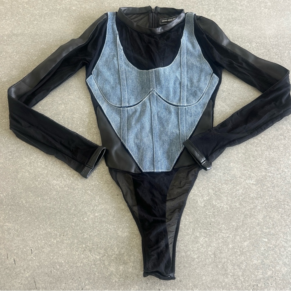 Black and Denim Blue Mesh Bodysuit NWT size 2